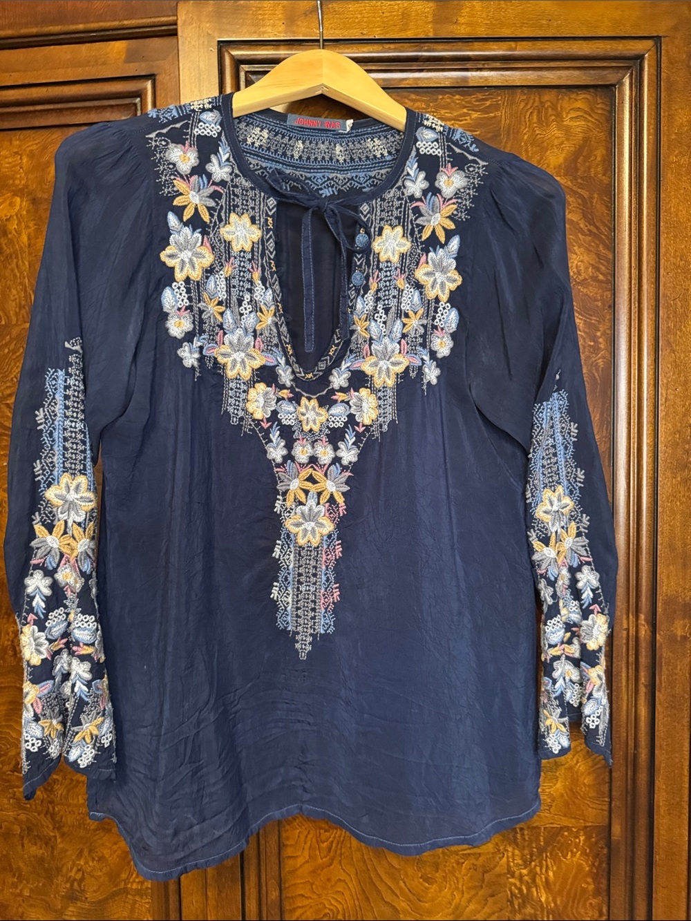 Johnny Was Navy Embroidered V-Neck Peasant Blouse - Picture 9 of 9